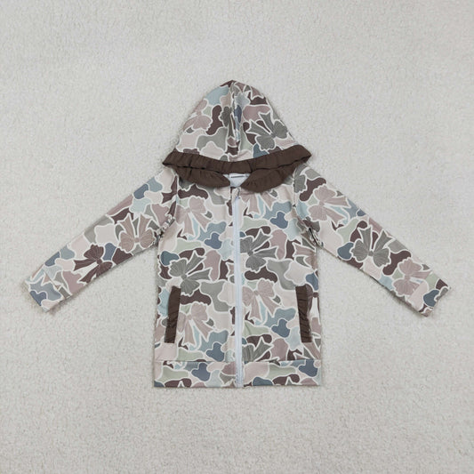 12/18m-7/8t RTS NO MOQ（In Stock) GT1263 Bow Pattern Brown Lace Camouflage Zippered Hooded Long-Sleeved Top
