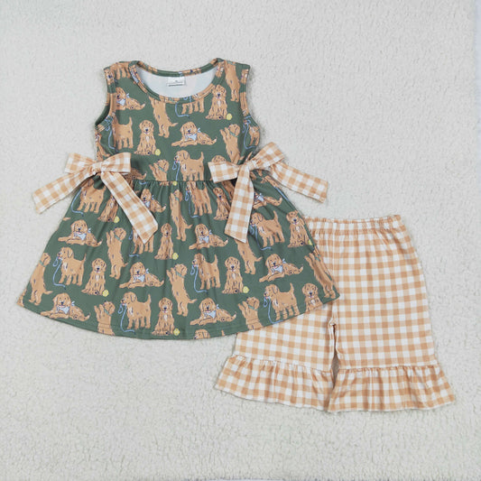 RTS NO MOQ GSSO2449 Puppy brown plaid lace bow green sleeveless shorts set