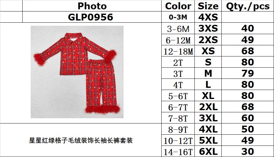 RTS NO MOQ ETA 5/7days arrived GLP0956 Star red and green plaid plush decoration long sleeve pants suit