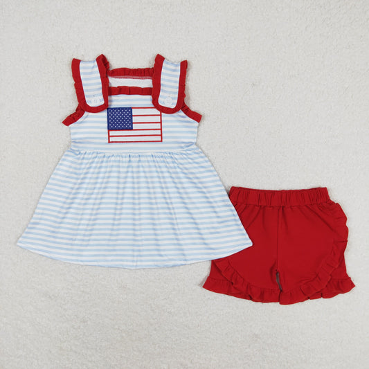 rts no moq GSSO0755 Embroidered flag blue striped sleeveless red lace shorts set