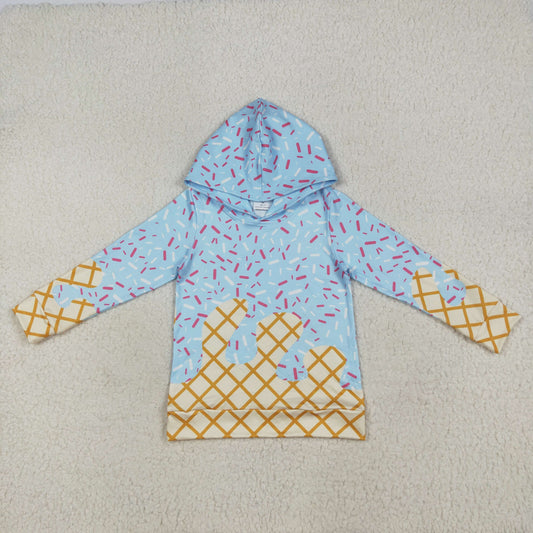 RTS NO MOQ（In Stock) BT1270 waffle ice cream blue hooded long sleeve top