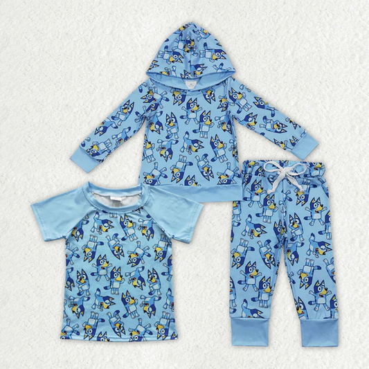 RTS NO MOQ  Baby Boys Hooded Blue Dogs Shirts Hooded Clothes Sets