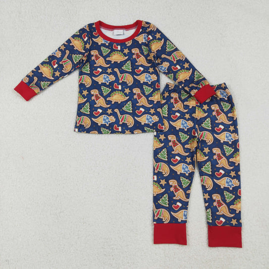 RTS NO MOQ（In Stock) BLP1155 Christmas Dinosaur Socks Navy Blue Long Sleeve Pants Pajama Set