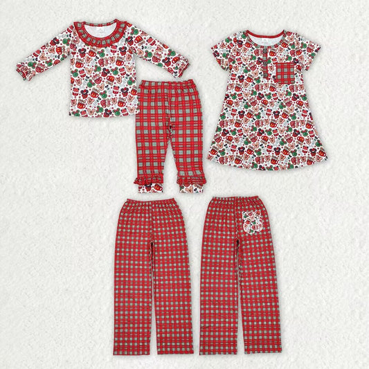 RTS NO MOQ GLP1550 GSD1403 P0569 Christmas Cartoon Mouse-Water Cup Pattern Red Plaid Long Sleeve Suit & Short Sleeve Dress & Adult Pants