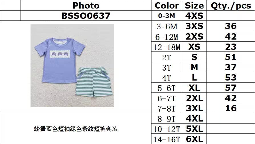 BSSO0637 Crab blue short sleeve green striped shorts suit