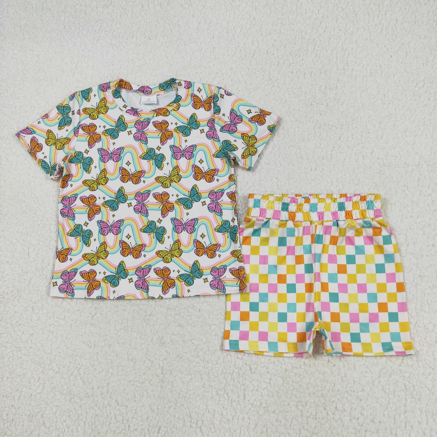 RTS NO MOQ（In Stock) Butterfly short sleeve color plaid shorts set