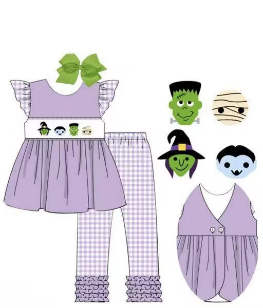 custom moq 5 eta 5-6weeks baby girls clothes ghost purple flying sleeve grid Pants Sets