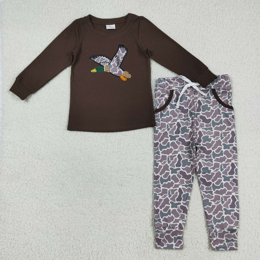 RTS NO MOQ（In Stock) BLP1123 Embroidered Camouflage Duck Brown Long Sleeve Pants Set