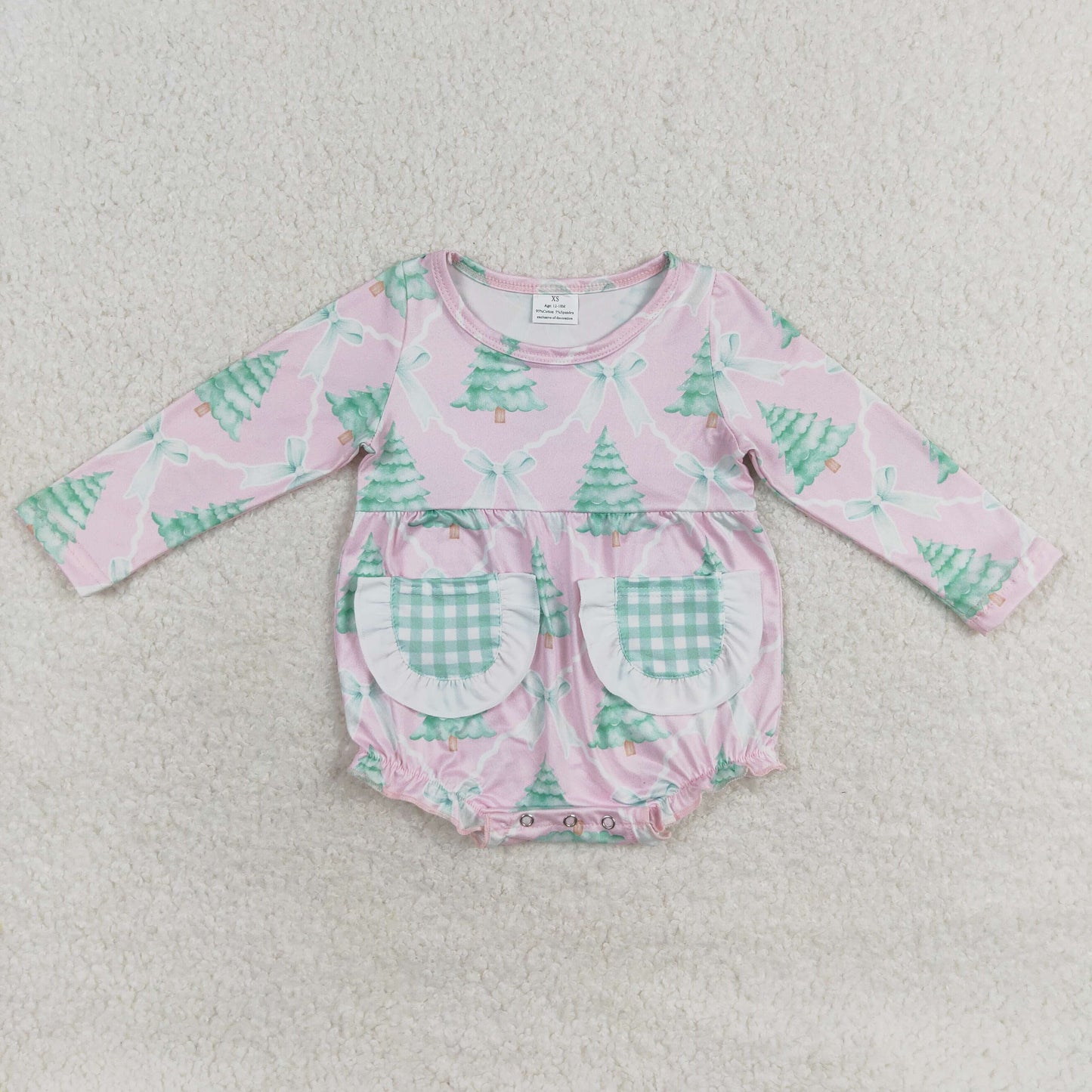 rts no moq LR1018 Christmas tree bow green plaid pocket lace pink long sleeve jumpsuit