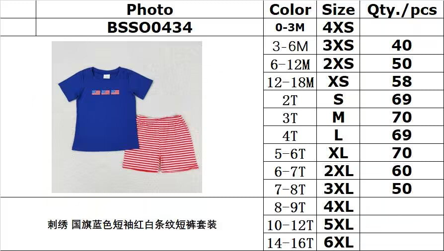 rts no moq BSSO0434 Embroidered flag blue short sleeve red and white striped shorts set