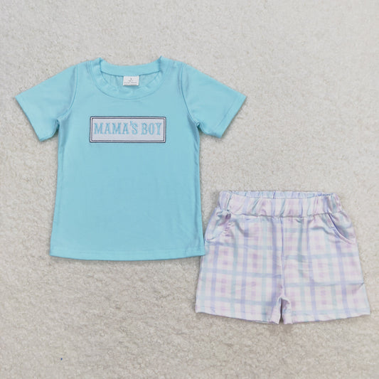 BSSO0624 mama's boy embroidered letter teal short-sleeved colorful plaid shorts suit