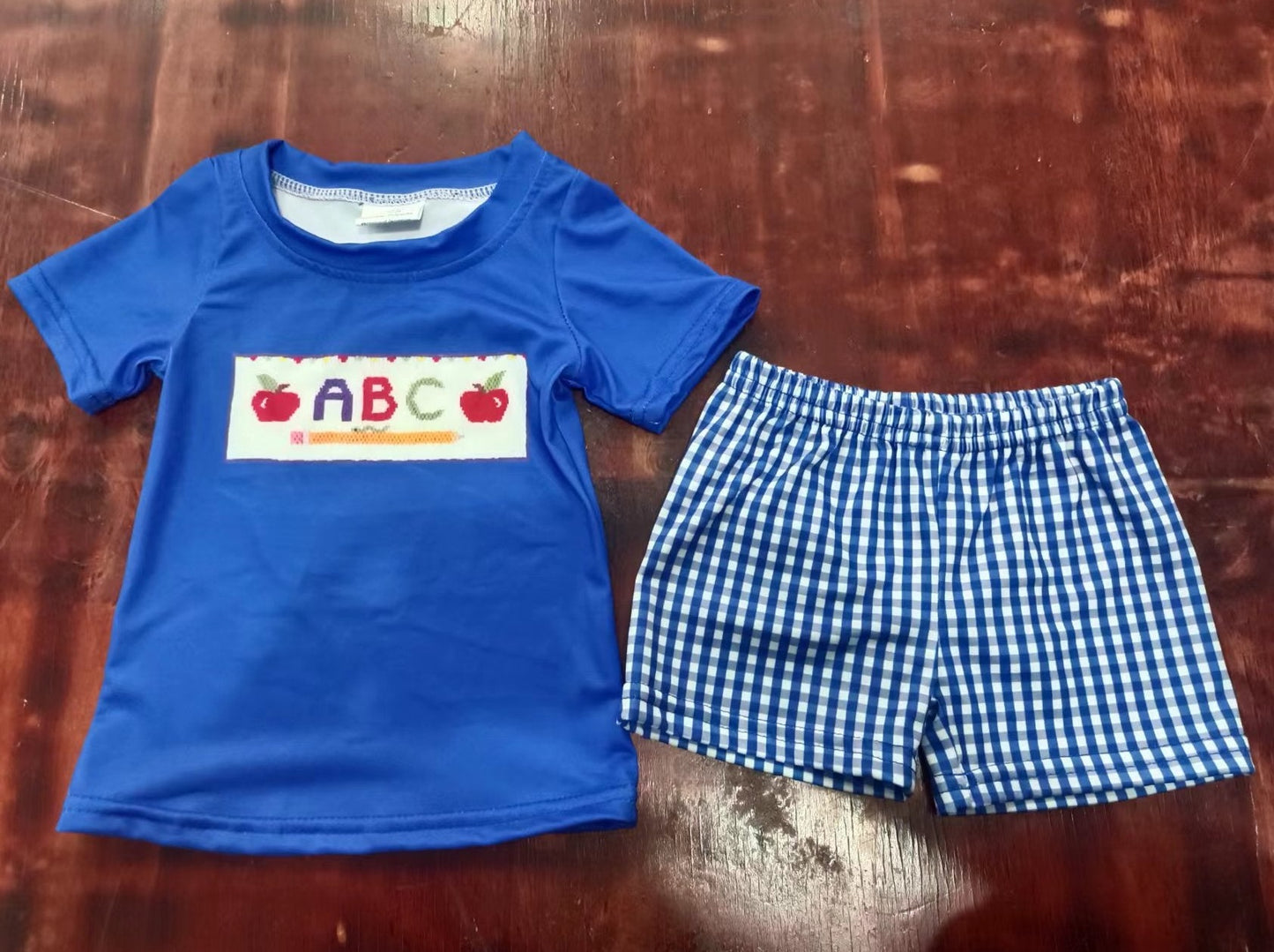 custom moq 5 eta 5weeks mix size summer boys clothes back to school ABC blue short sleeve shorts sets