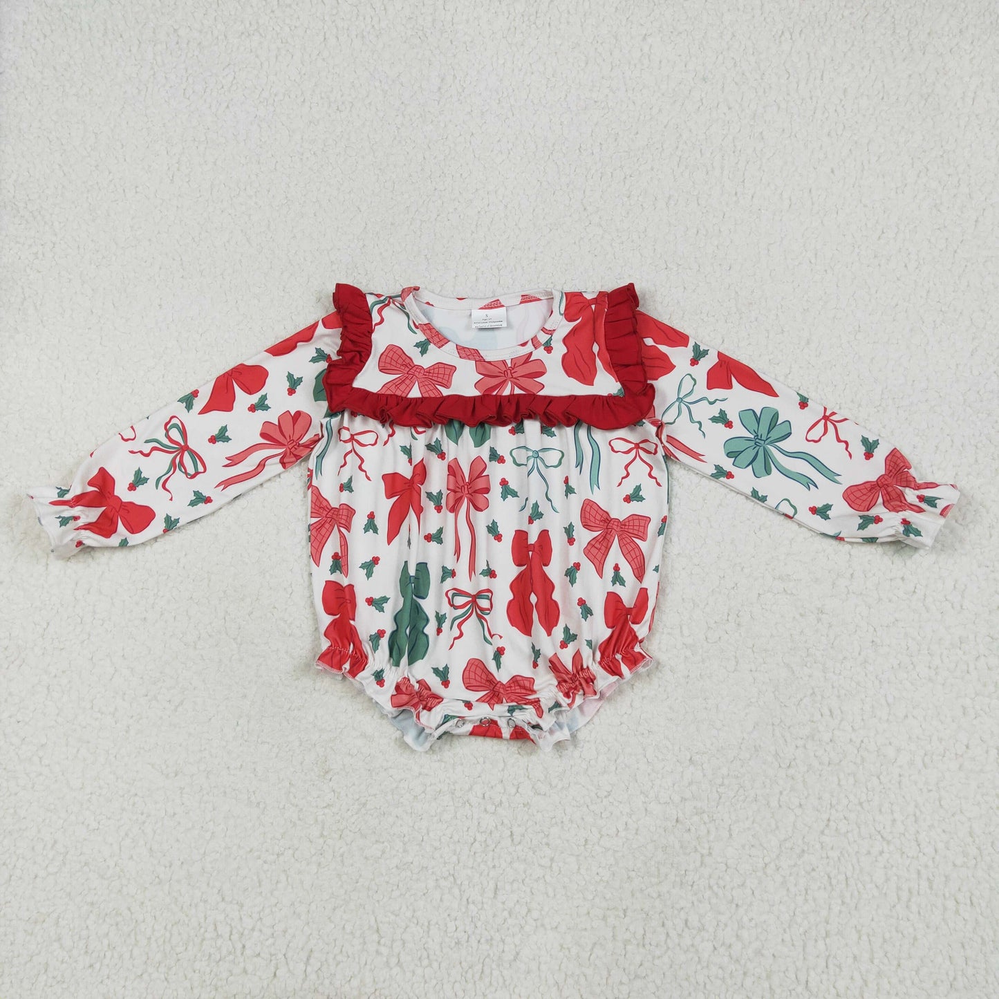 RTS NO MOQ LR2209 Christmas red and green bow pattern lace long-sleeved jumpsuit