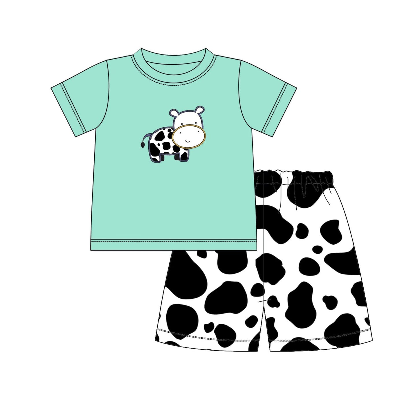 custom moq 5 eta 5-6 weeks baby boys clothes cow teal short sleeve cow pattern shorts summer outfit