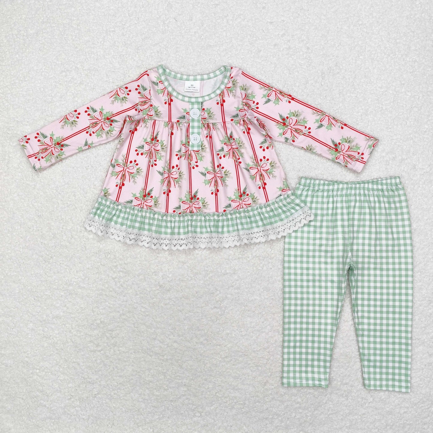 rts no moq GLP1663 Christmas bow pattern green plaid lace pink long-sleeved trousers set