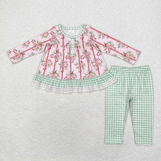 rts no moq GLP1663 Christmas bow pattern green plaid lace pink long-sleeved trousers set