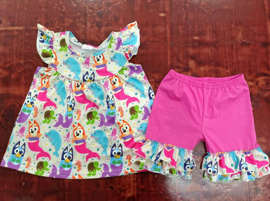 custom moq 5 eta 4-6weeks summer baby girls clothes cartoon dog rose red flying sleeve shorts sets