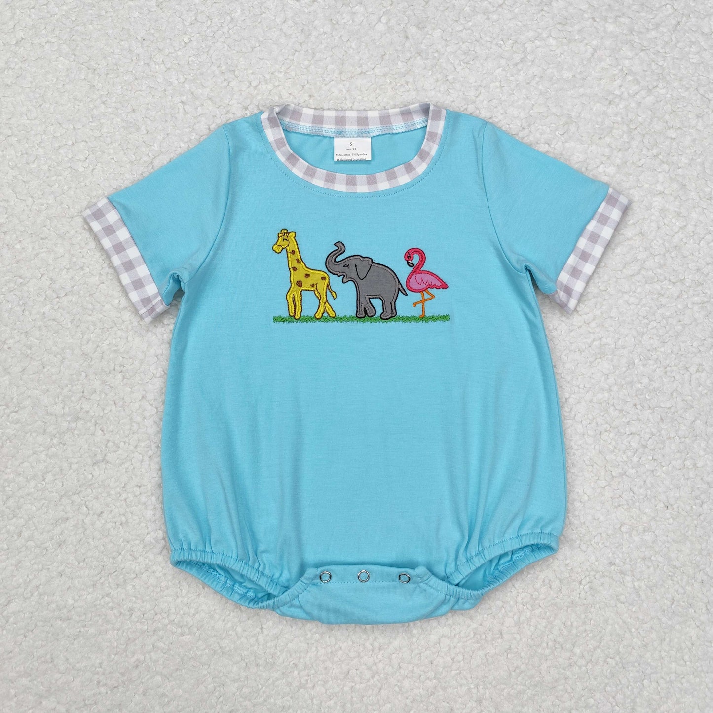 RTS NO MOQ ETA 5/7days arrived SR2123 Boys embroidered giraffe elephant bird animal blue short sleeve jumpsuit