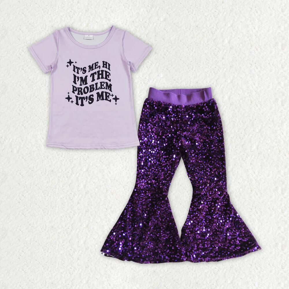 GT0432 Problem letter purple short-sleeved top + P0032 purple sequined bell-bottom pants