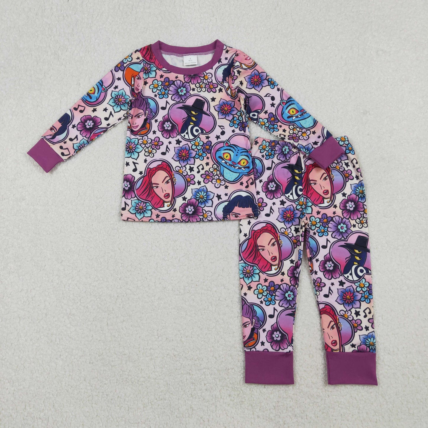 RTS NO MOQ（In Stock) GLP2917 K-pop floral music cartoon purple long-sleeved pants pajama set