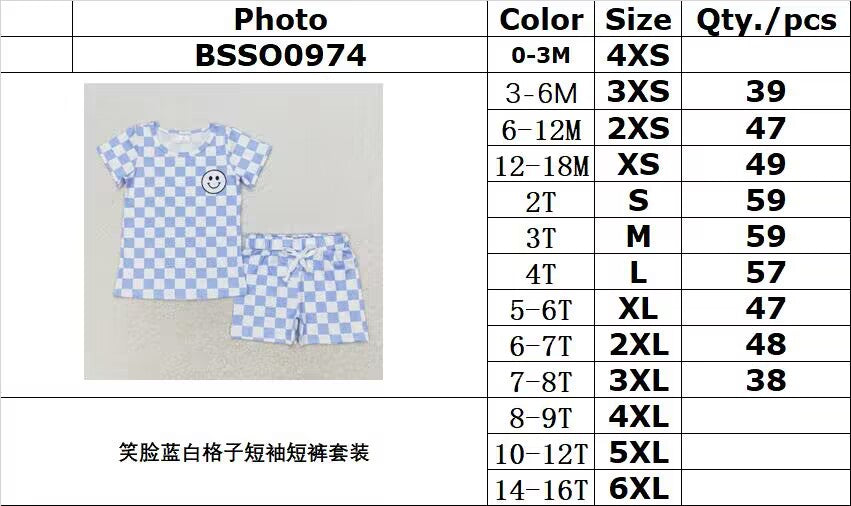 rts no moq BSSO0974 Smiley blue and white plaid short-sleeved shorts suit