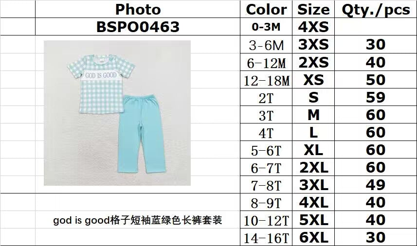 RTS no moq BSPO0463 god is good plaid short-sleeved blue-green trousers set