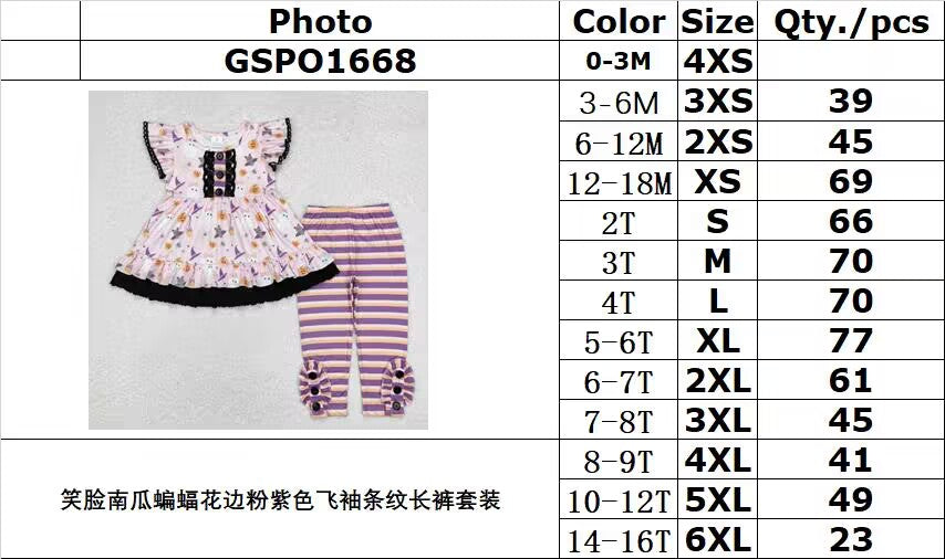 RTS NO MOQ ETA 5/7days GSPO1668 Smiley face pumpkin bat lace pink and purple flying sleeve striped trousers suit