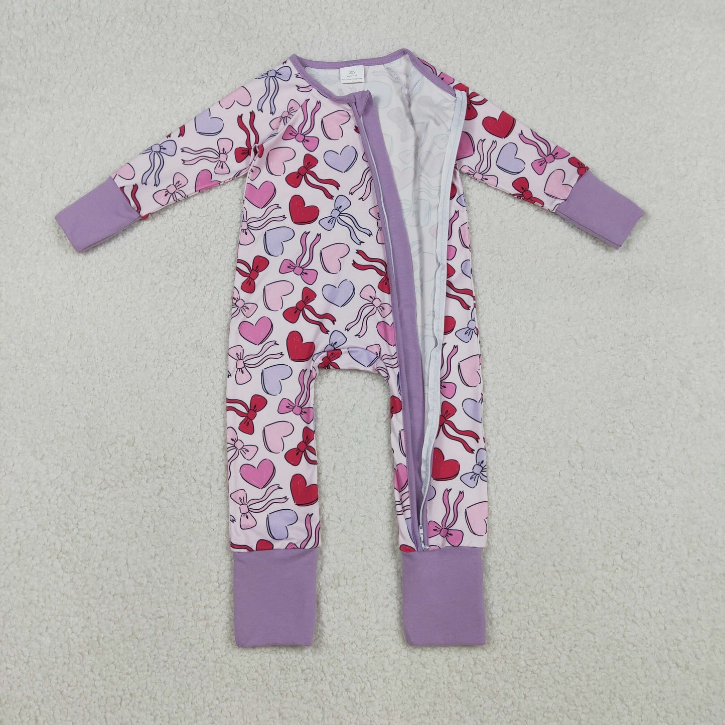RTS NO MOQ（In Stock ) Heart-shaped bow pattern pinkish-purple zip-up long-sleeved jumpsuit