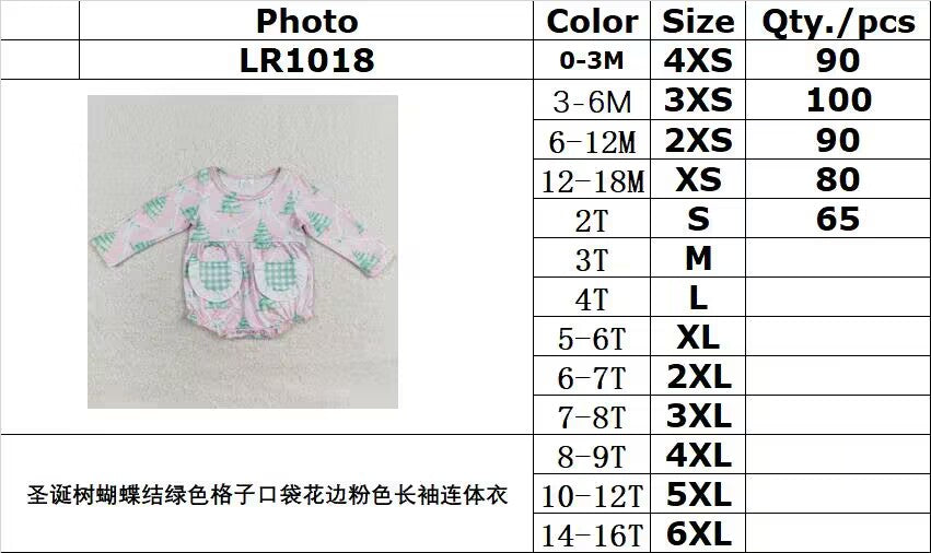 rts no moq LR1018 Christmas tree bow green plaid pocket lace pink long sleeve jumpsuit