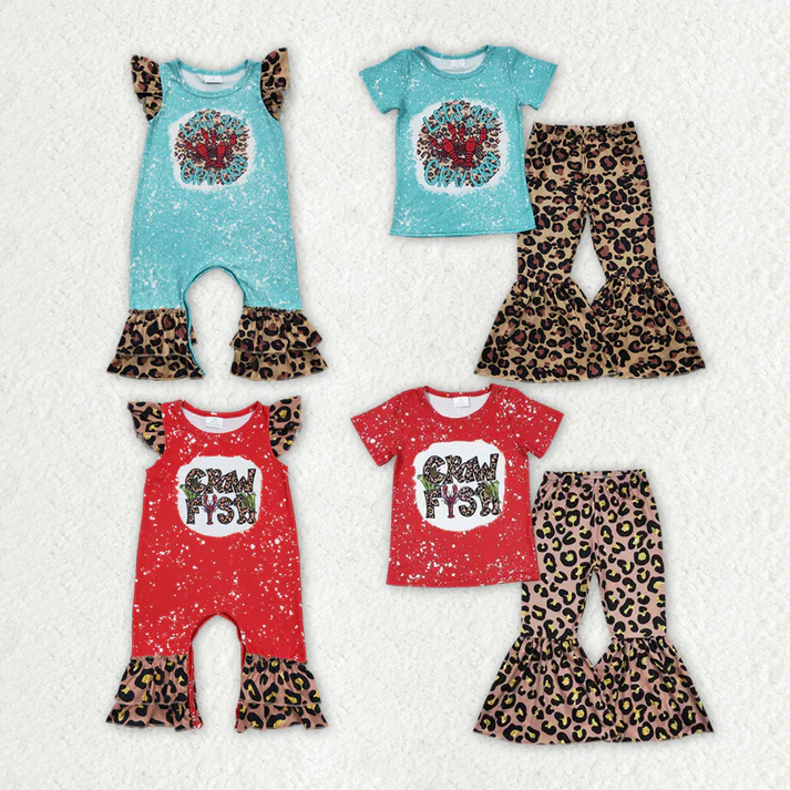 RTS NO MOQ Baby Girls Brown Leopard Print Fly Sleeve Romper & Short Sleeve Flared Pants Set