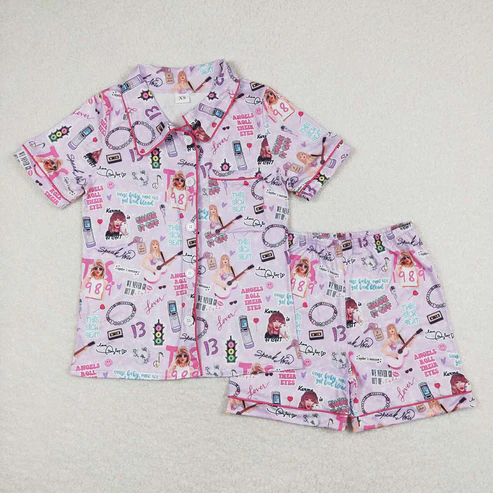 RTS NO MOQ Adult Girls Button Taylor swift Short Sleeve Shorts Pajama Set & kids shorts sets