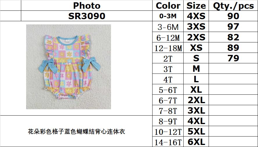 RTS NO MOQ SR3090 Floral color plaid blue bow vest jumpsuit