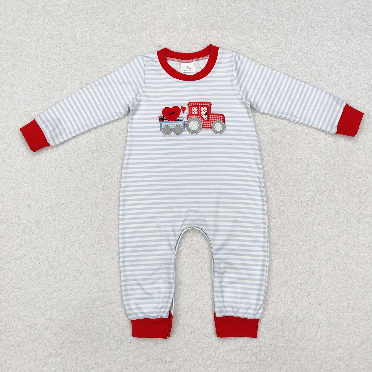 RTS NO MOQ ETA 5/7days arrived LR1924 Embroidered love tractor striped red edge long-sleeved jumpsuit