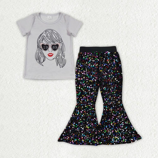 GT0434+P0329 1989 taylor swift gray short-sleeved top Colorful sequins black pants