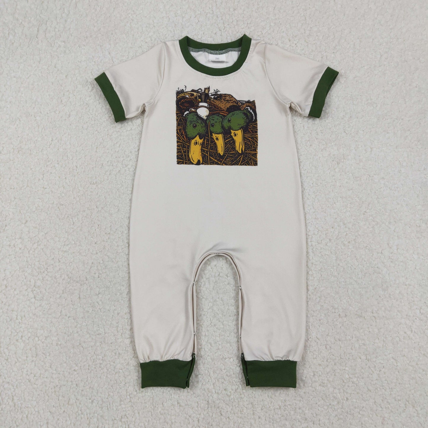RTS NO MOQ（In Stock) Light-colored short-sleeved jumpsuit with duck hunting design