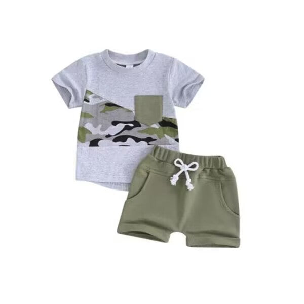 custom moq 5 eta 4-5 weeks baby boys clothes camouflage gray short sleeve shorts summer outfit