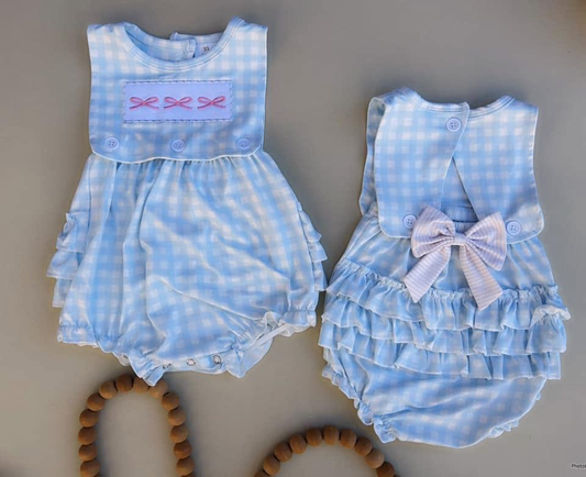 RTS NO MOQ ETA 5/7days arrived SR2203 Embroidered pink bow blue plaid vest jumpsuit