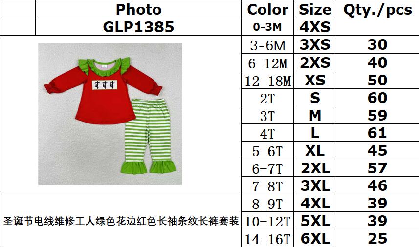 rts no moq GLP1385 Christmas electric wire repairman green lace red long sleeve striped trousers suit