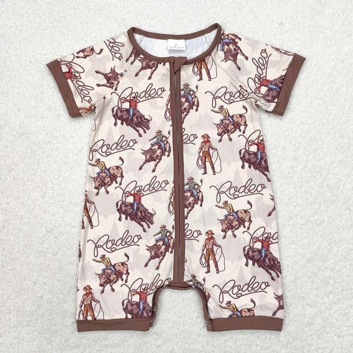 RTS NO MOQ Baby Boys Galloping Horse Short Zip-Up Romper