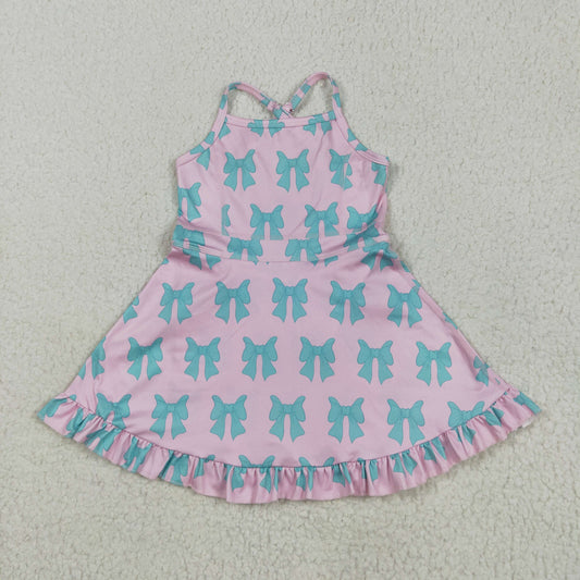 RTS NO MOQ GSD2293 Pink yoga sleeveless dress with green bow pattern