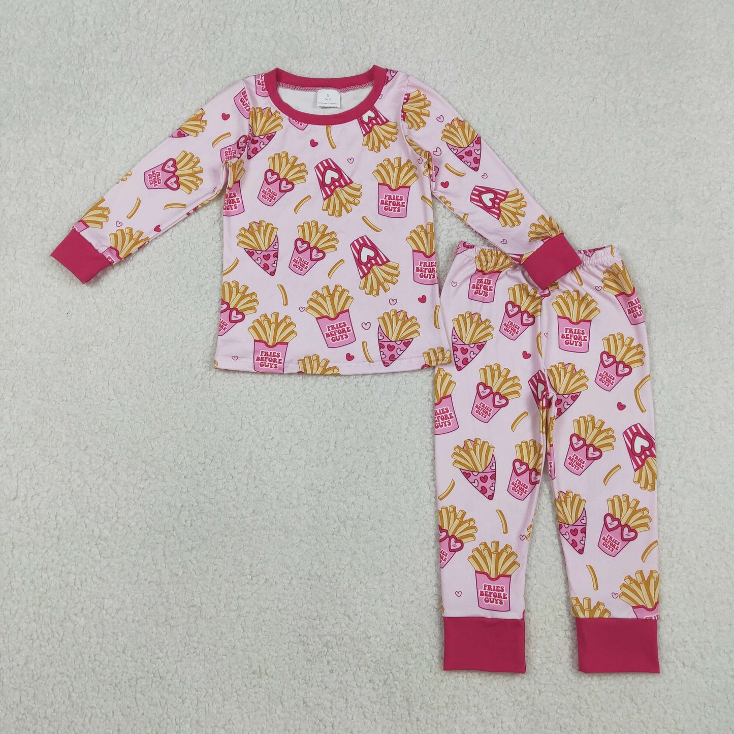 RTS NO MOQ（In Stock) GLP3065 Valentine's Day French Fries Heart Glasses Pink Long-Sleeve Pants Pajama Set