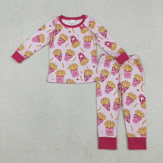 RTS NO MOQ（In Stock) GLP3065 Valentine's Day French Fries Heart Glasses Pink Long-Sleeve Pants Pajama Set