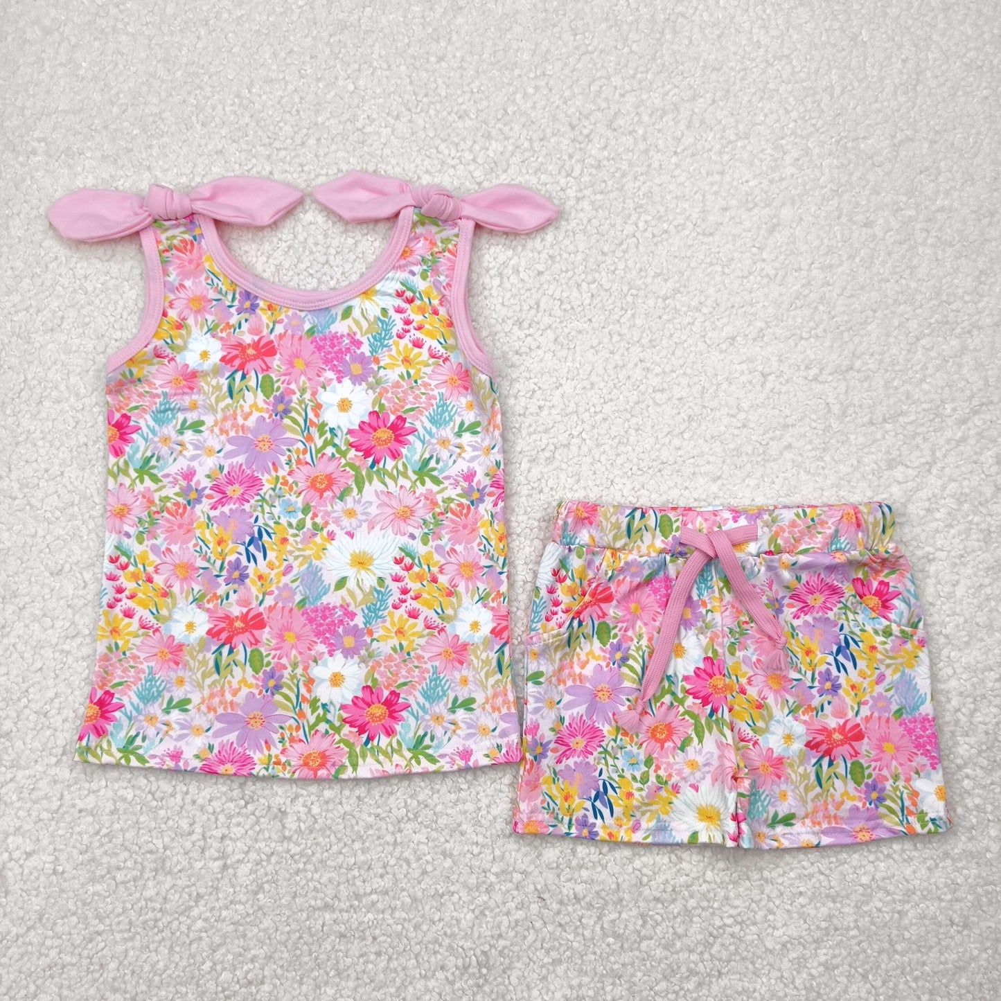 RTS NO MOQ GSSO2551 Colorful flower pink sleeveless shorts set