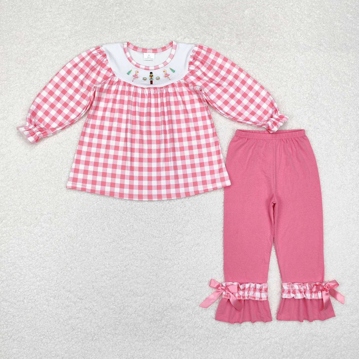 rts no moq GLP1306 Embroidered Christmas Nutcracker Pink Plaid Long Sleeve Pants Set