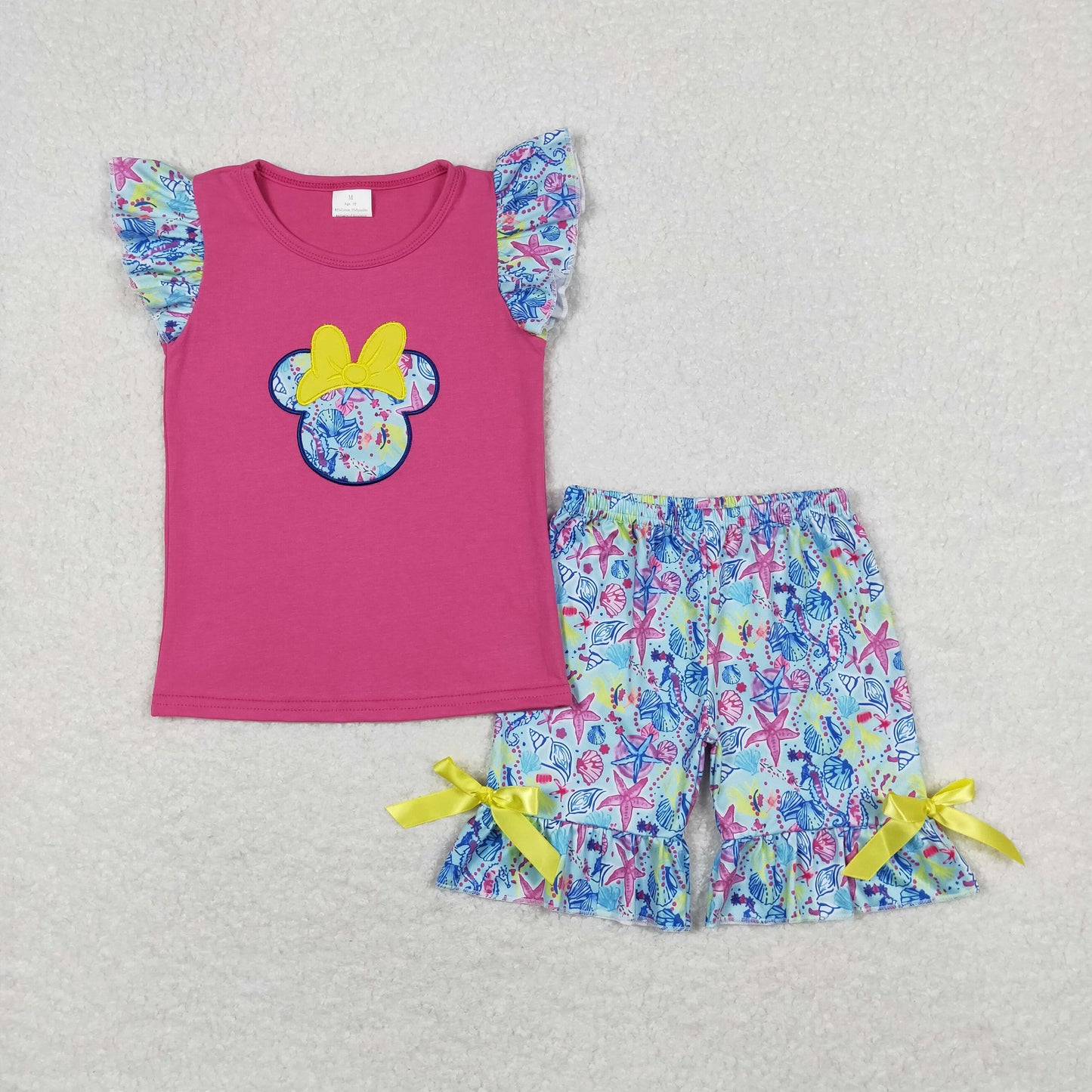 GSSO0629 Embroidery Bow Mickey Rose Red Flying Sleeve Starfish Shorts Set