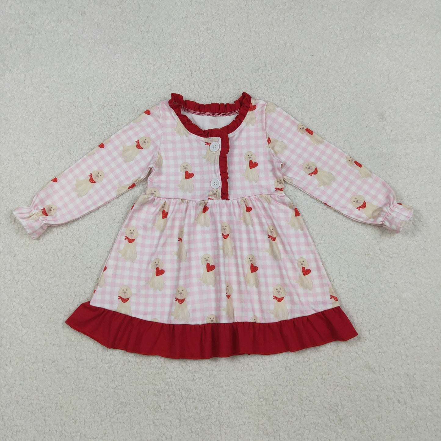 12/18m-7/8t RTS NO MOQ（In Stock) GLD1322 Pink Plaid Long-Sleeved Puppy Heart Red Lace Button Dress