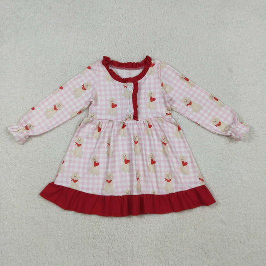 12/18m-7/8t RTS NO MOQ（In Stock) GLD1322 Pink Plaid Long-Sleeved Puppy Heart Red Lace Button Dress