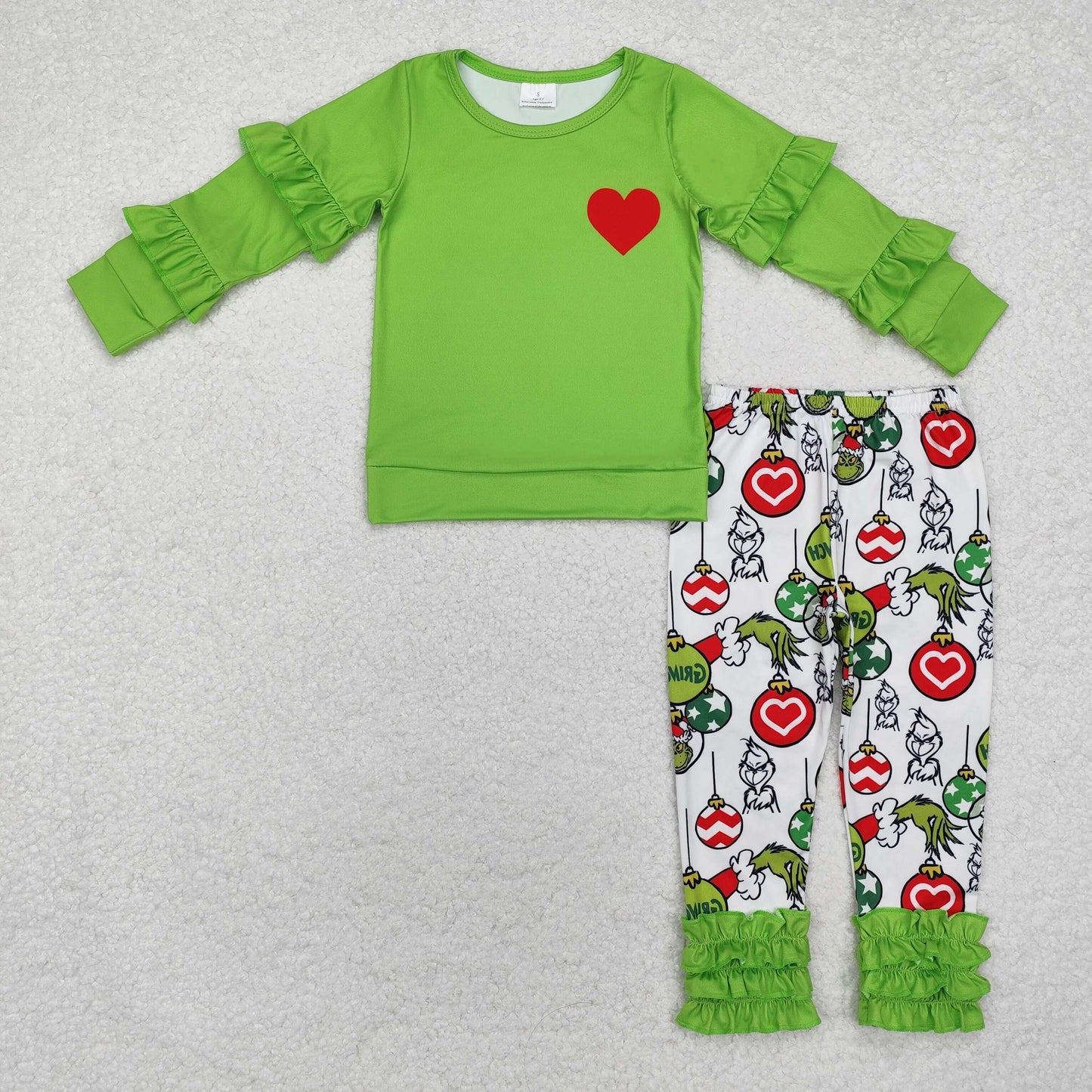 RTS NO MOQ ETA 5/7days Arrived GLP2089 grinch Christmas light ball red heart green lace long-sleeved trousers set