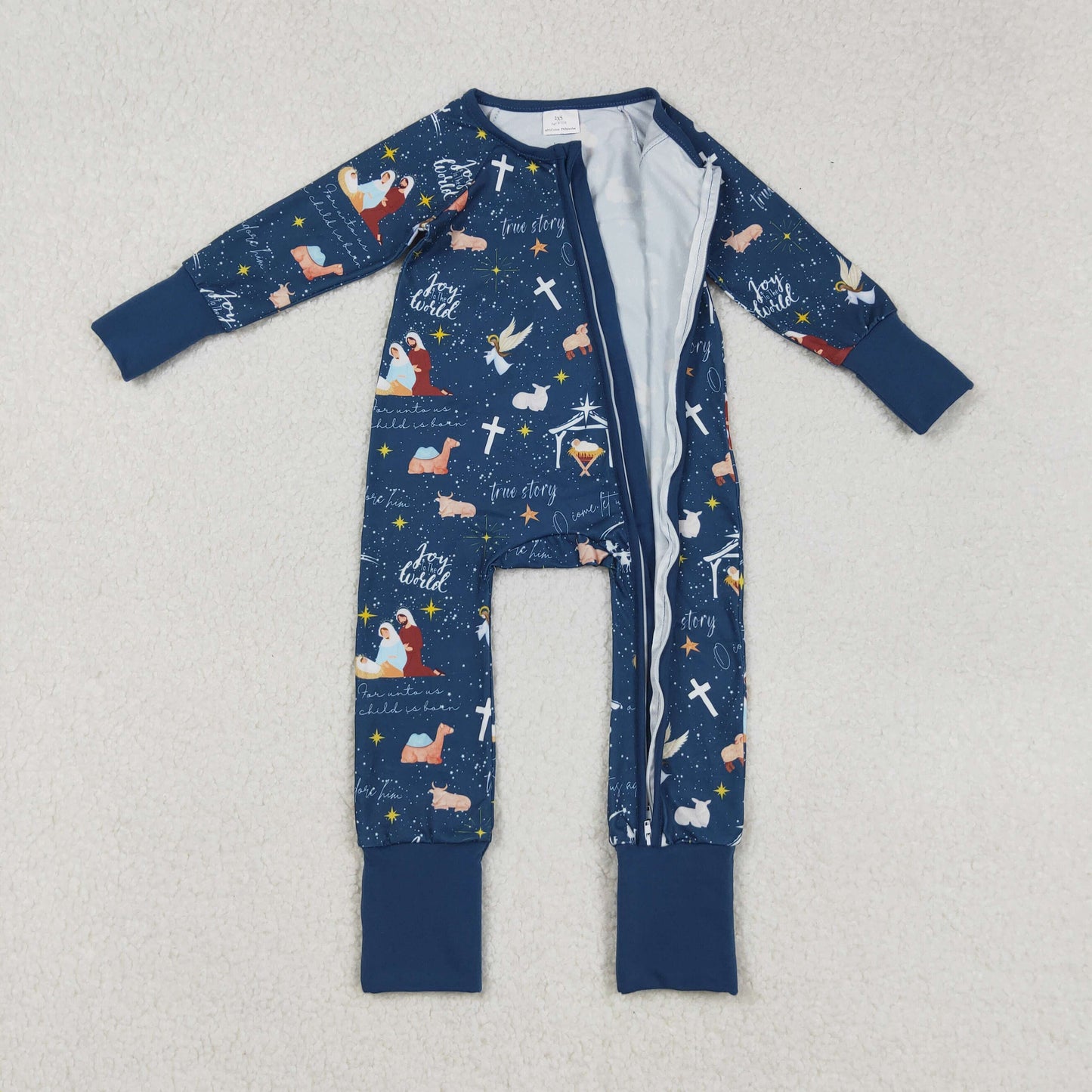 RTS NO MOQ（In Stock) LR2504 World Jesus Blue Zipper Long-Sleeved Bodysuit