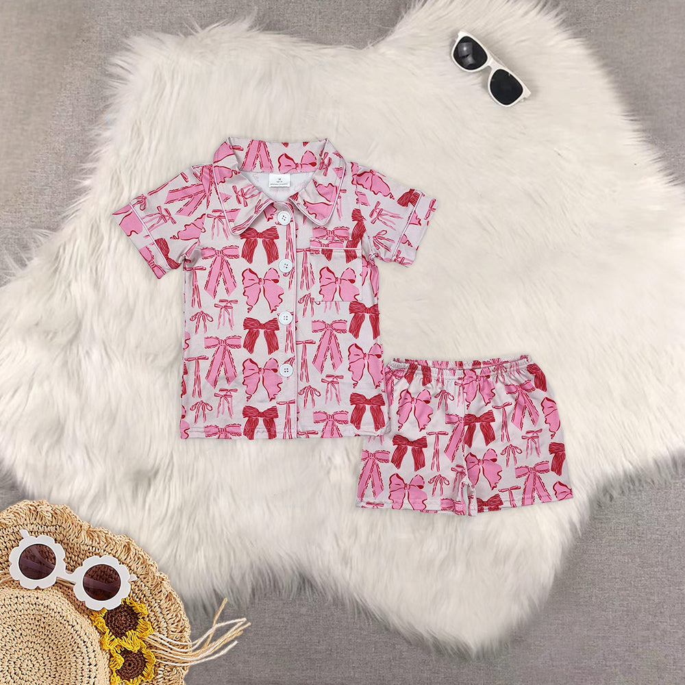 RTS NO MOQ Adult Girls bow Short Sleeve Shorts Pajama Set & kids shorts sets